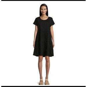 Time and Tru Dress Black Soot Tiered Cotton Casual Short Sleeve Pockets Size M